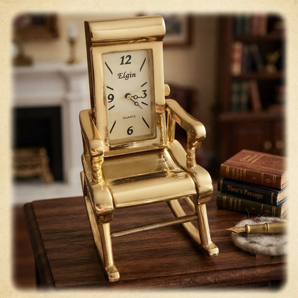Vintage Elgin Gold Tone Rocking Chair Mini Quartz Clock NOS Granny Chic